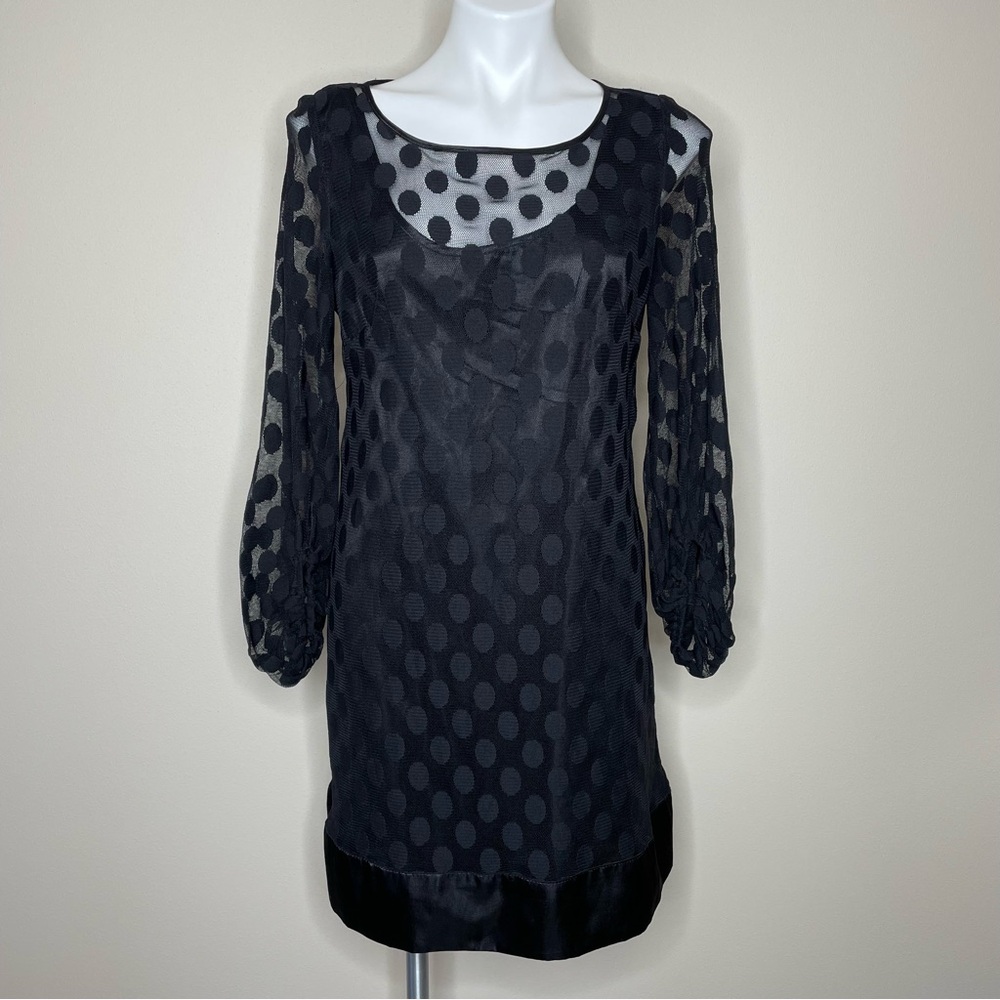 Roz & Ali Black Long Sleeved Sheer Polka Dot Dress over Opaque Black Sheath